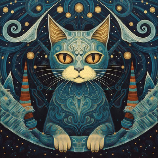 Decorative cat illustration with intricate patterns and celestial elements