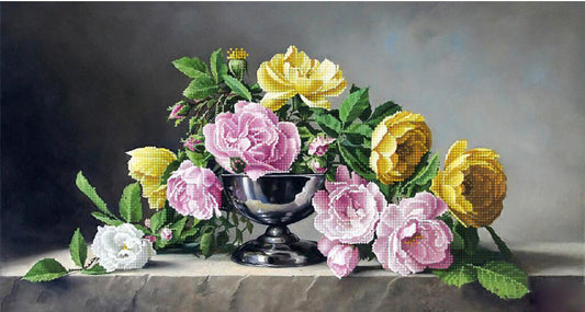 Still life painting of flowers in a silver urn on a dark background