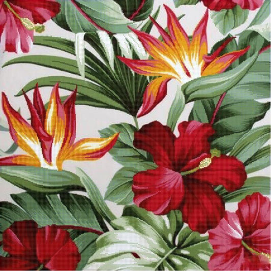 Tropical floral pattern with red, yellow, and green flowers on a white background