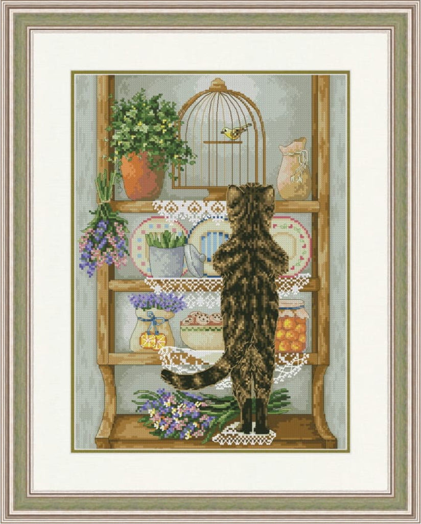 Counted Cross Stitch Kit Cat with bird DIY Olanta