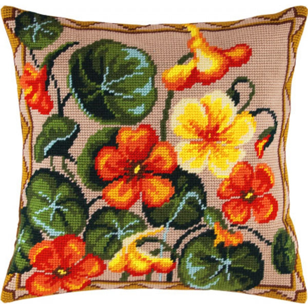 Tapestry Needlepoint pillow kit "Nasturtium" DIY Printed canvas - DIY-craftkits