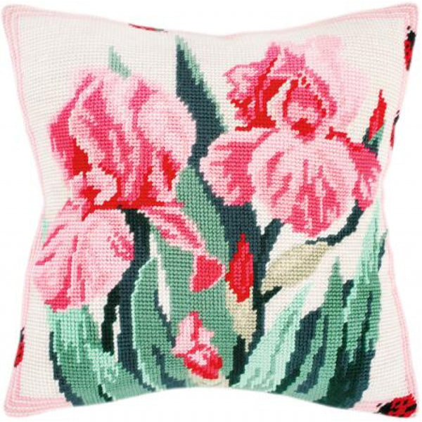 Tapestry Needlepoint pillow kit "Pink irises" DIY Printed canvas - DIY-craftkits