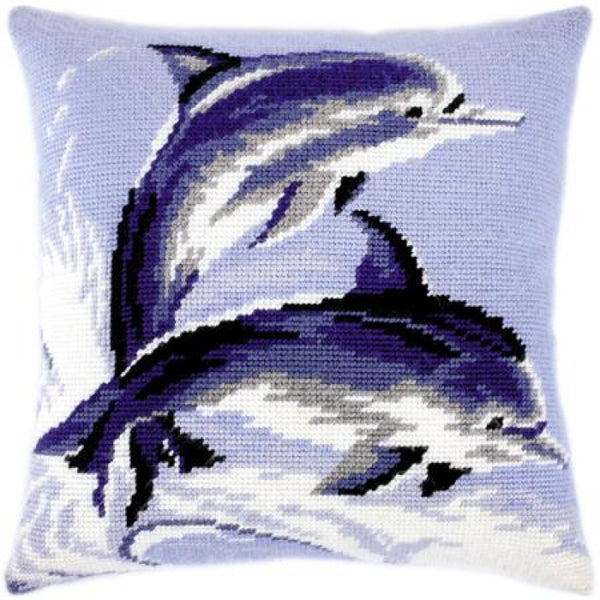Tapestry Needlepoint pillow kit "Dolphins" DIY Printed canvas - DIY-craftkits