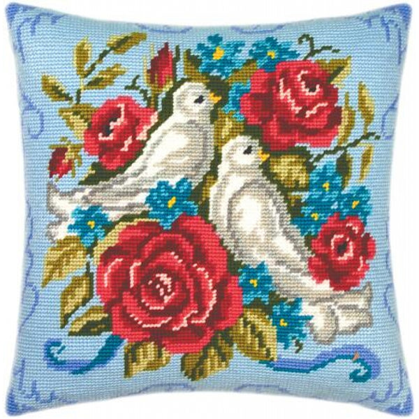 Tapestry Needlepoint pillow kit "Pigeons" DIY Printed canvas - DIY-craftkits