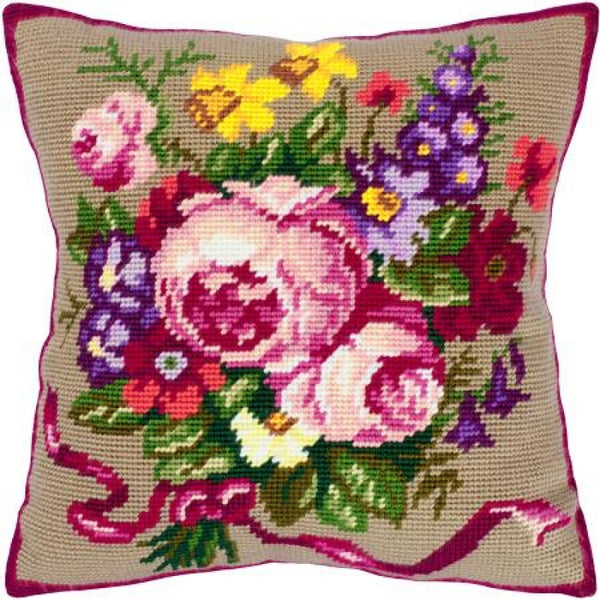 Tapestry Needlepoint pillow kit "Flowers" DIY Printed canvas - DIY-craftkits