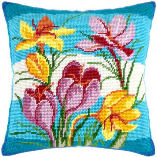 Tapestry Needlepoint pillow kit "Crocuses" DIY Printed canvas - DIY-craftkits