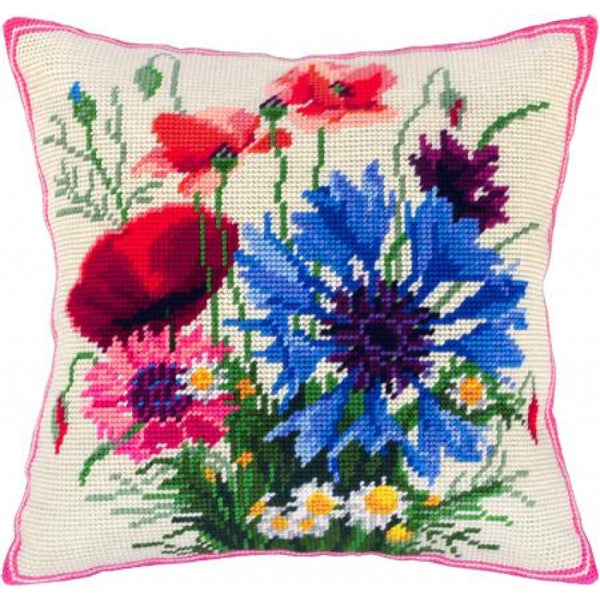 Tapestry Needlepoint pillow kit "Poppies with cornflowers" DIY Printed canvas - DIY-craftkits