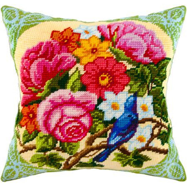 Tapestry Needlepoint pillow kit "Nightingale in flowers" DIY Printed canvas - DIY-craftkits