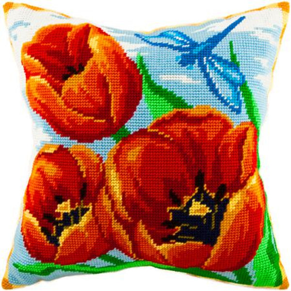 Tapestry Needlepoint pillow kit "Red tulips" DIY Printed canvas - DIY-craftkits