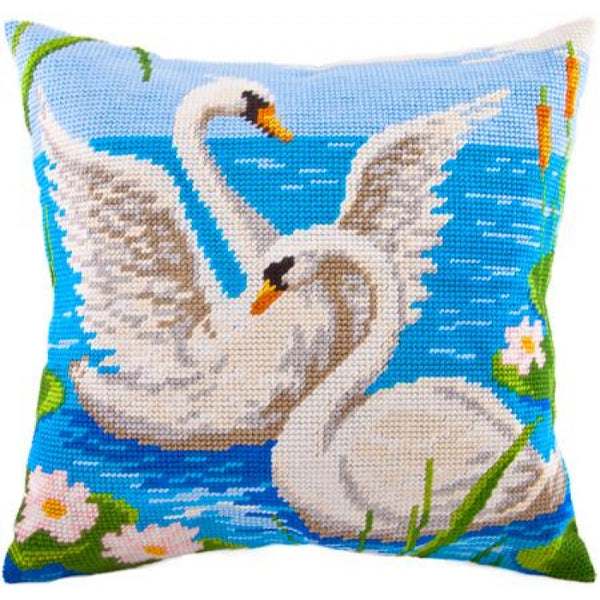 Tapestry Needlepoint pillow kit "Swans" DIY Printed canvas - DIY-craftkits