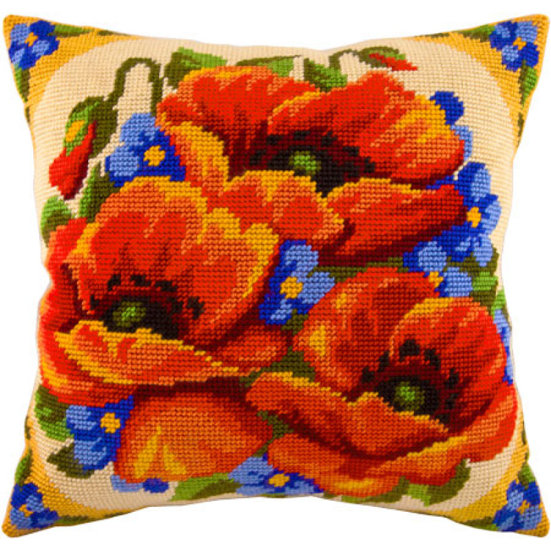 Tapestry Needlepoint pillow kit "Poppies" DIY Printed canvas - DIY-craftkits