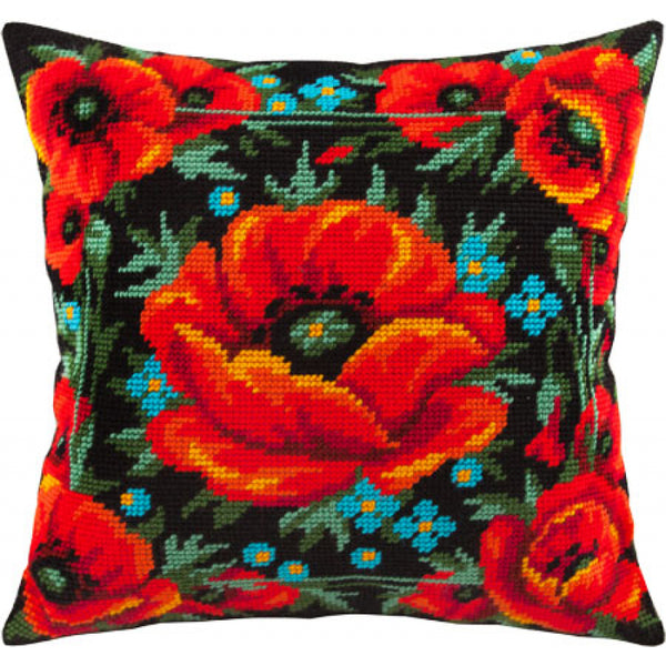 Tapestry Needlepoint pillow kit "Poppies" DIY Printed canvas - DIY-craftkits