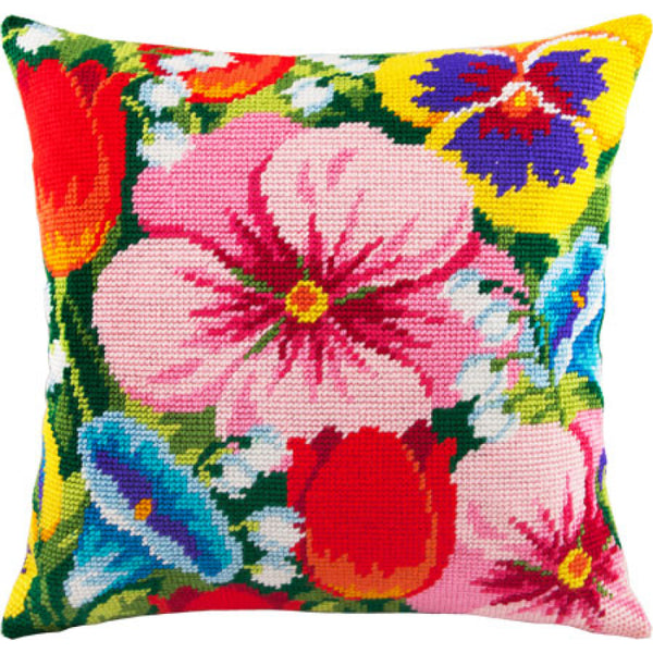 Tapestry Needlepoint pillow kit "Flowers" DIY Printed canvas - DIY-craftkits