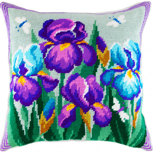 Tapestry Needlepoint pillow kit "Blue irises" DIY Printed canvas - DIY-craftkits