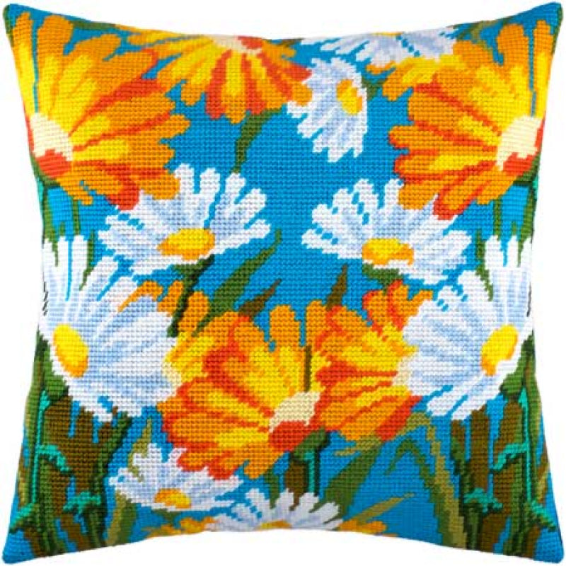 Tapestry Needlepoint pillow kit "Daisies" DIY Printed canvas - DIY-craftkits