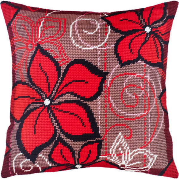 Tapestry Needlepoint pillow kit "Red flowers" DIY Printed canvas - DIY-craftkits