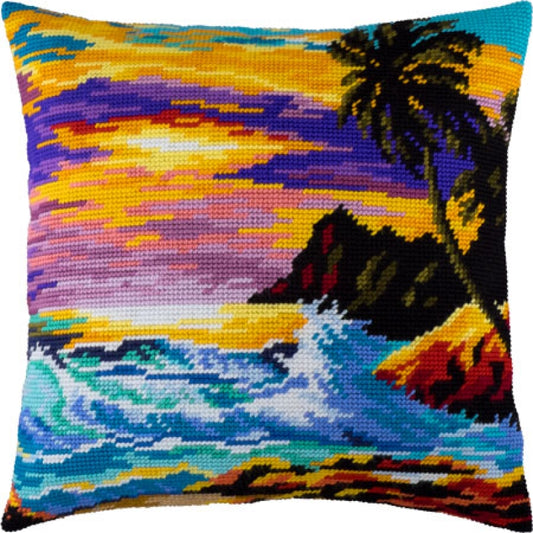 Tapestry Needlepoint pillow kit "Sunset in the tropics" DIY Printed canvas - DIY-craftkits