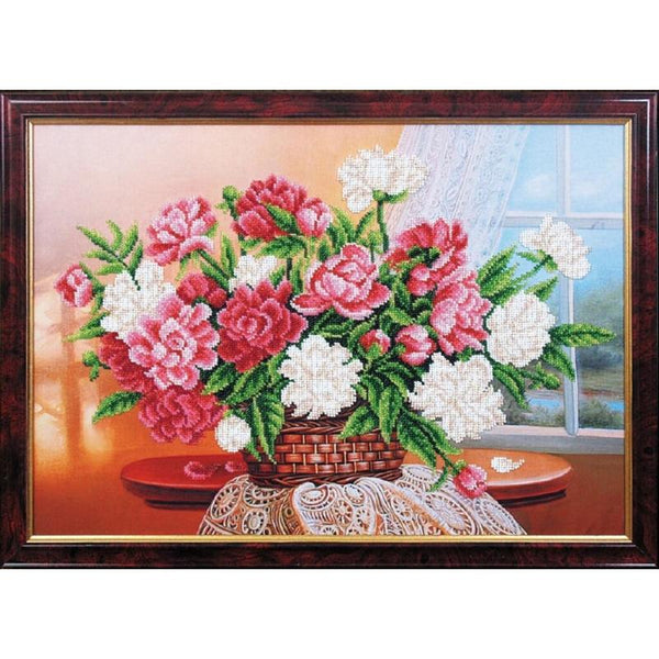 Bead embroidery kit Peonies DIY Beadwork Beading Bead stitching - DIY-craftkits