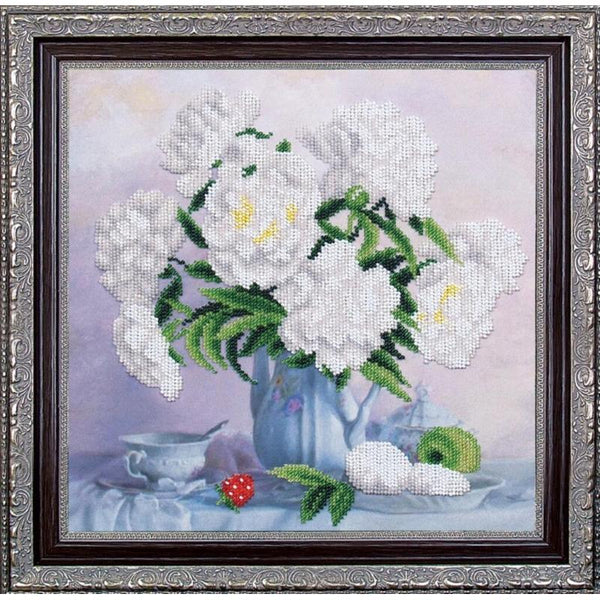 Bead embroidery kit White peonies DIY Beadwork Beading Bead stitching - DIY-craftkits