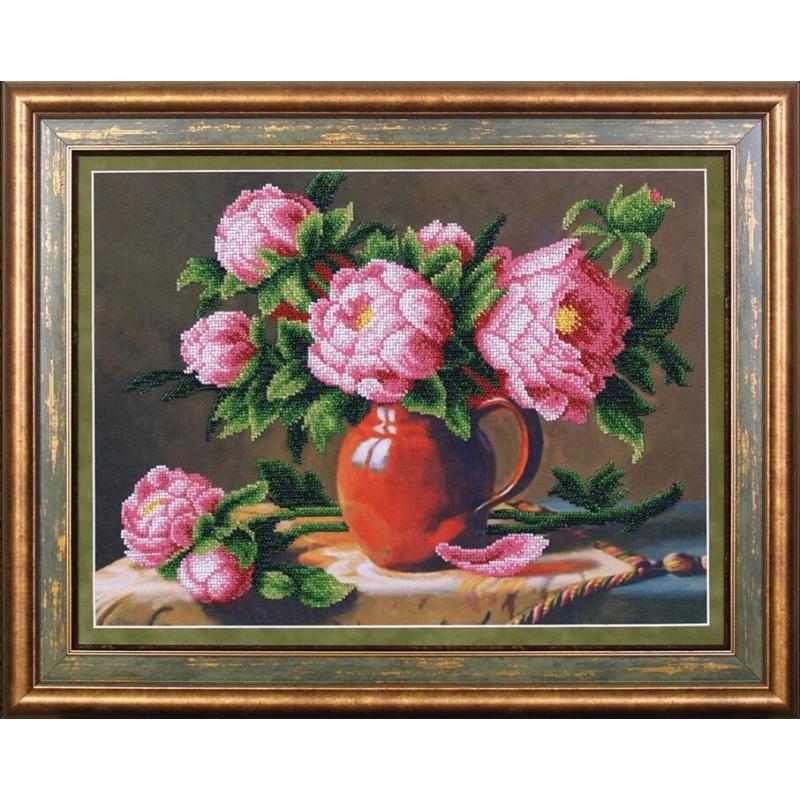 Bead embroidery kit Peonies DIY Beadwork Beading Bead stitching - DIY-craftkits