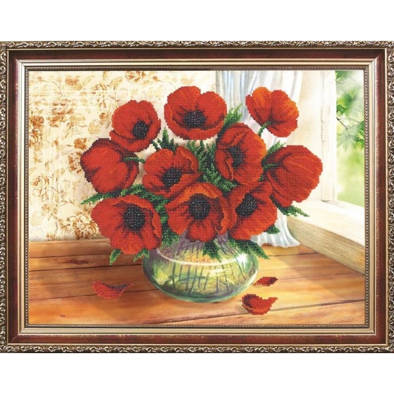 Bead embroidery kit Poppies DIY Beadwork Beading Bead stitching - DIY-craftkits