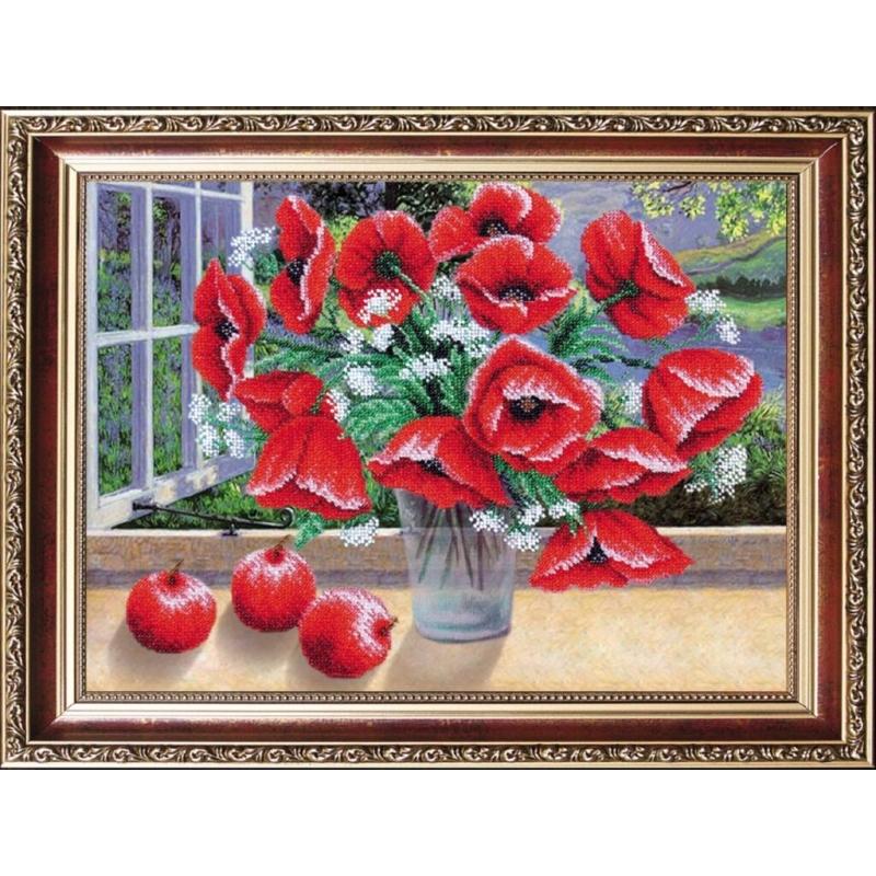 Bead embroidery kit Poppies DIY Beadwork Beading Bead stitching - DIY-craftkits