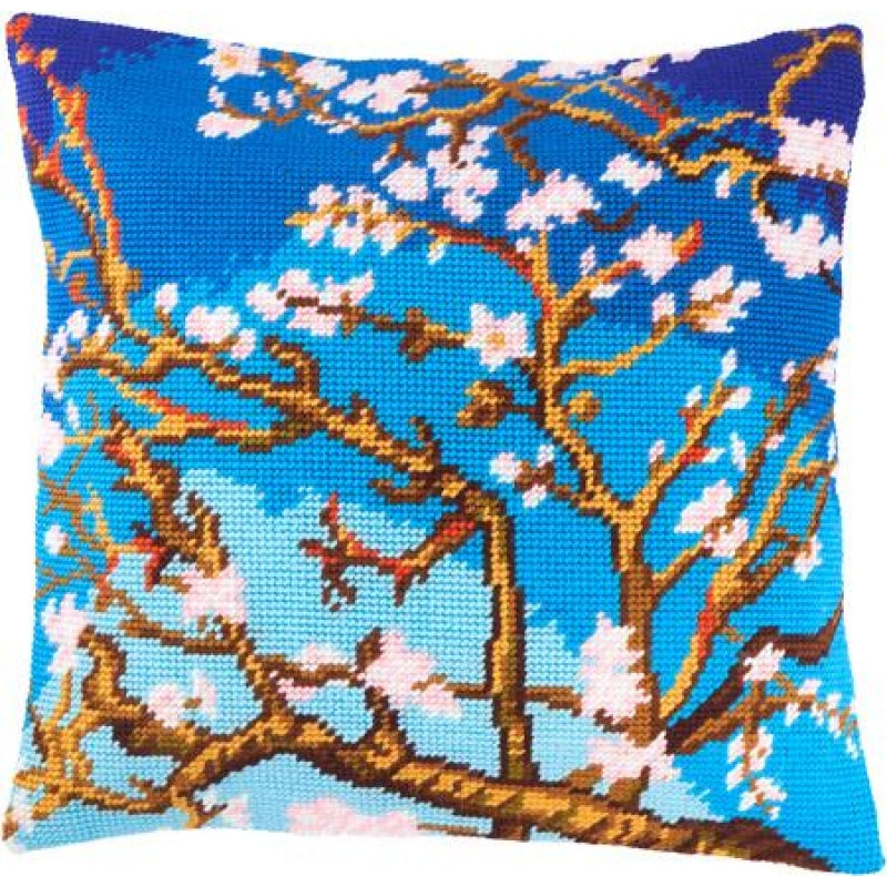 Tapestry Needlepoint pillow kit "Blossoming almond" DIY Printed canvas - DIY-craftkits