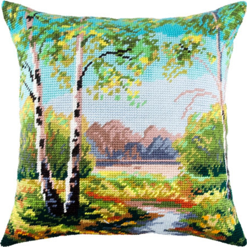 Tapestry Needlepoint pillow kit "Birch Grove" DIY Printed canvas - DIY-craftkits