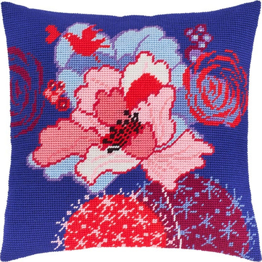 Tapestry Needlepoint pillow kit "Blue flower" DIY Printed canvas - DIY-craftkits