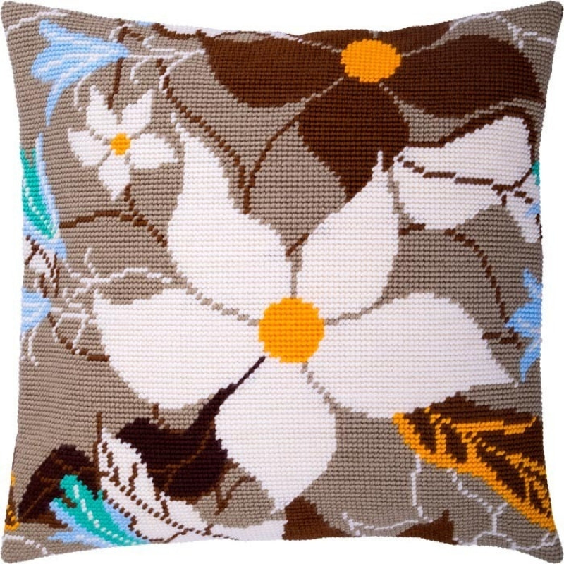 Tapestry Needlepoint pillow kit "Vanilla flowers" DIY Printed canvas - DIY-craftkits