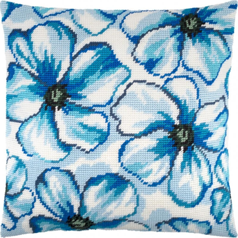 Tapestry Needlepoint pillow kit "Blue flowers" DIY Printed canvas - DIY-craftkits