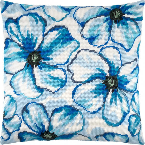 Tapestry Needlepoint pillow kit "Blue flowers" DIY Printed canvas - DIY-craftkits