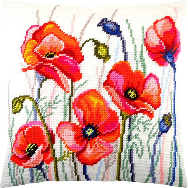 Tapestry Needlepoint pillow kit "Poppies" DIY Printed canvas - DIY-craftkits