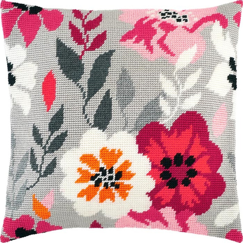 Tapestry Needlepoint pillow kit "Pink flowers" DIY Printed canvas - DIY-craftkits