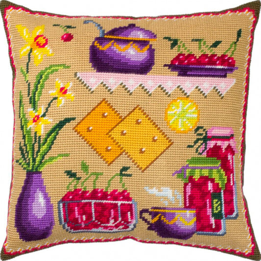 Tapestry Needlepoint pillow kit "Tea with jam" DIY Printed canvas - DIY-craftkits