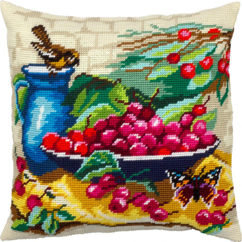 Tapestry Needlepoint pillow kit "Bowl of cherries" DIY Printed canvas - DIY-craftkits