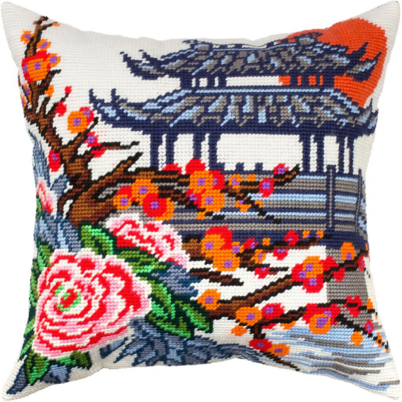 Tapestry Needlepoint pillow kit "Japanese garden" DIY Printed canvas - DIY-craftkits