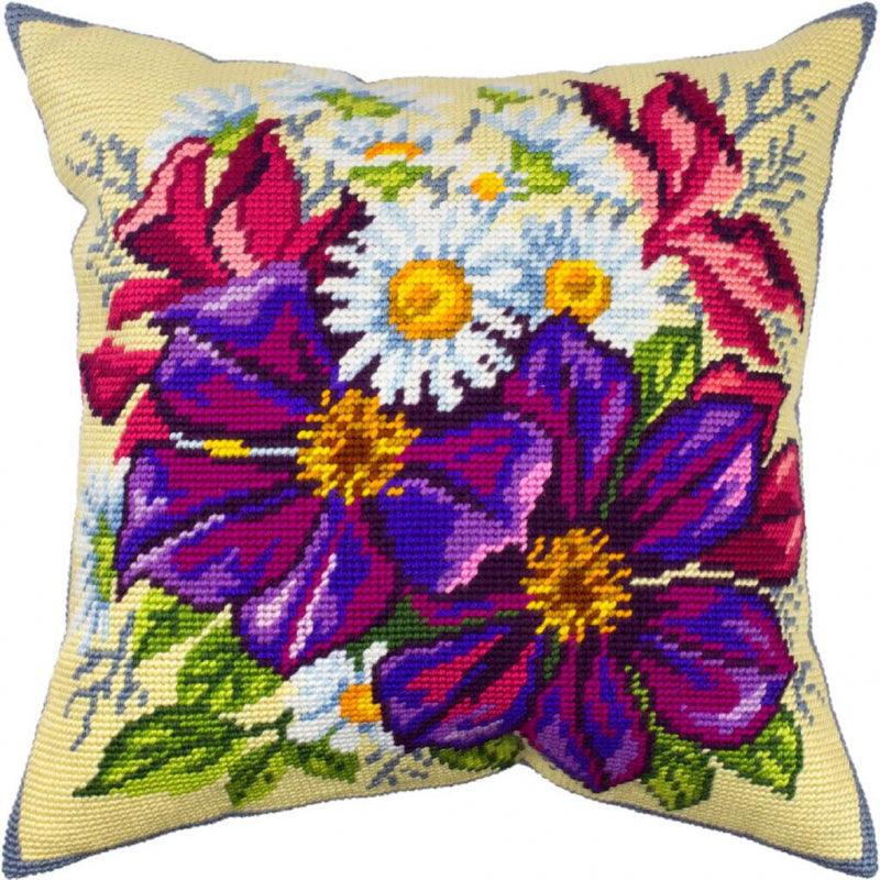 Tapestry Needlepoint pillow kit "Clematis" DIY Printed canvas - DIY-craftkits