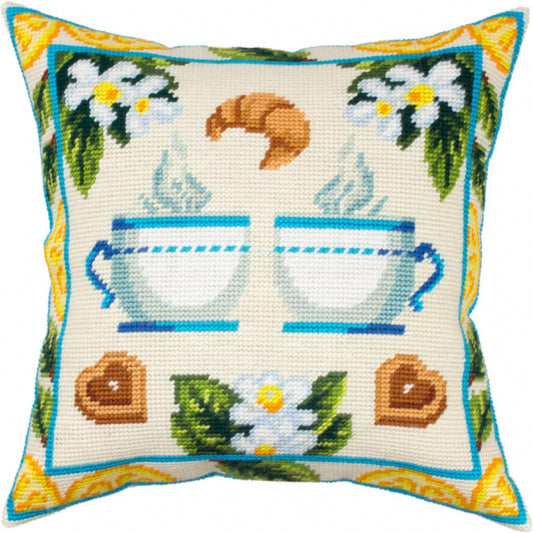 Tapestry Needlepoint pillow kit "Tea with lemon" DIY Printed canvas - DIY-craftkits