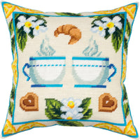 Tapestry Needlepoint pillow kit "Tea with lemon" DIY Printed canvas - DIY-craftkits