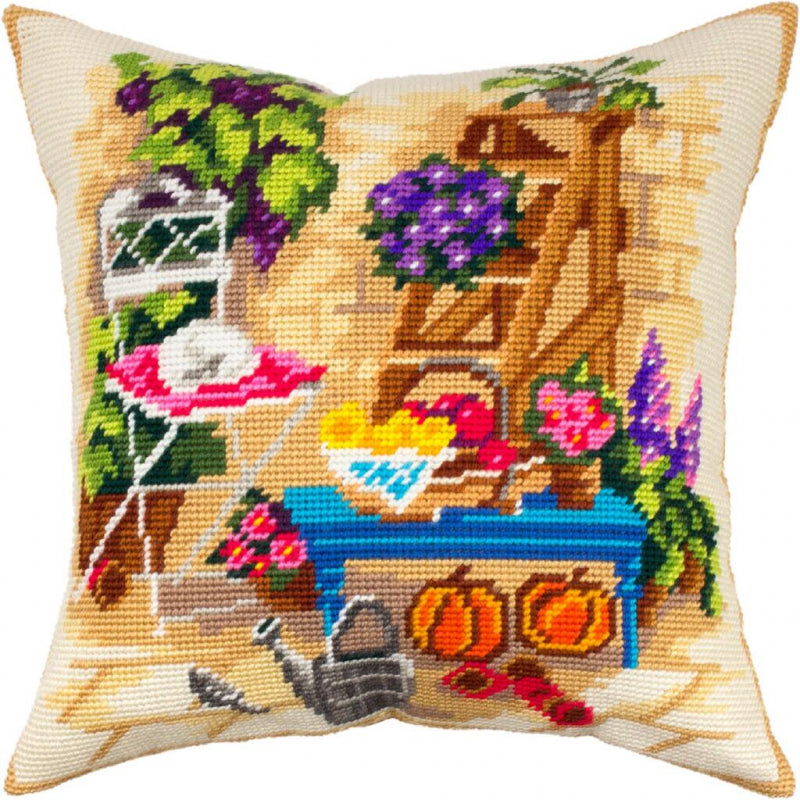 Tapestry Needlepoint pillow kit "In the backyard" DIY Printed canvas - DIY-craftkits