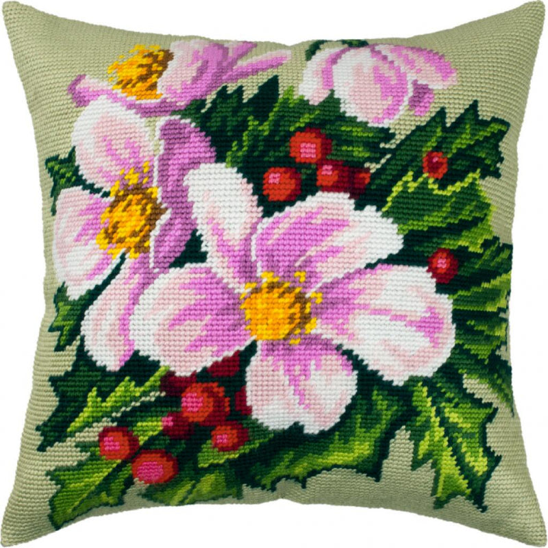 Tapestry Needlepoint pillow kit "Christmas flowers" DIY Printed canvas - DIY-craftkits