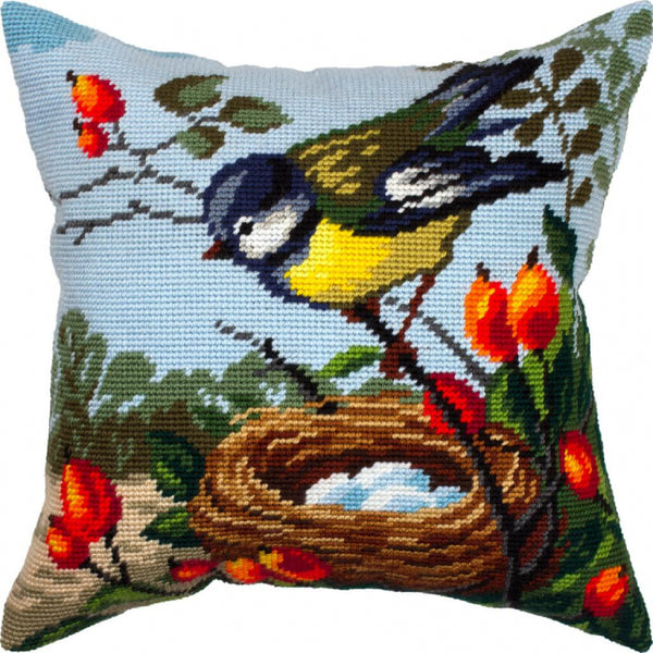 Tapestry Needlepoint pillow kit "Titmouse" DIY Printed canvas - DIY-craftkits