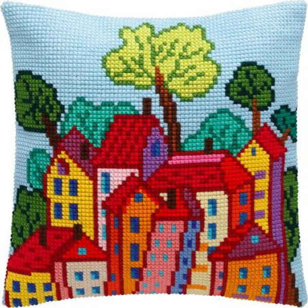 Cross stitch kit Pillow "Italian town" DIY Printed canvas - DIY-craftkits