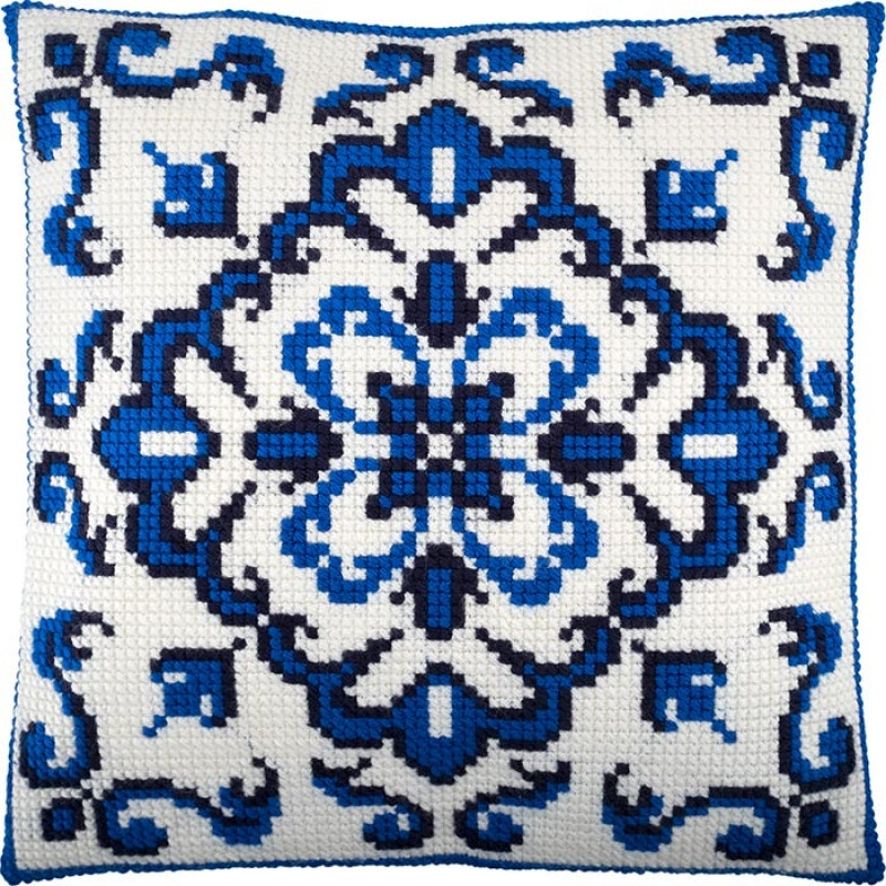 Cross stitch kit Pillow "Blue ornament" DIY Printed canvas - DIY-craftkits